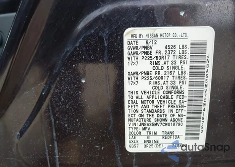 2012 Nissan Rogue Sv from USA, damaged, VIN JN8AS5MV7CW418790